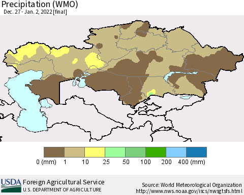 Kazakhstan Precipitation (WMO) Thematic Map For 12/27/2021 - 1/2/2022