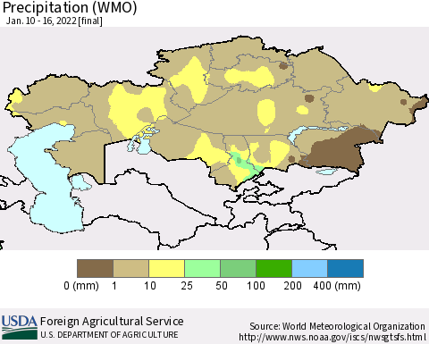 Kazakhstan Precipitation (WMO) Thematic Map For 1/10/2022 - 1/16/2022