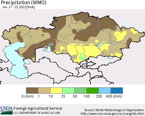 Kazakhstan Precipitation (WMO) Thematic Map For 1/17/2022 - 1/23/2022