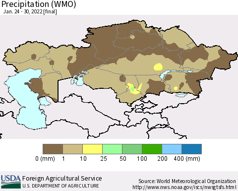 Kazakhstan Precipitation (WMO) Thematic Map For 1/24/2022 - 1/30/2022