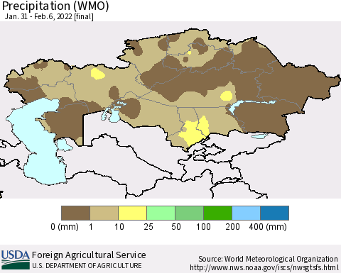 Kazakhstan Precipitation (WMO) Thematic Map For 1/31/2022 - 2/6/2022
