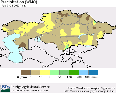 Kazakhstan Precipitation (WMO) Thematic Map For 2/7/2022 - 2/13/2022