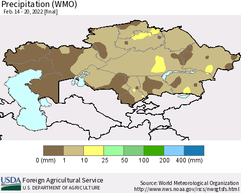 Kazakhstan Precipitation (WMO) Thematic Map For 2/14/2022 - 2/20/2022