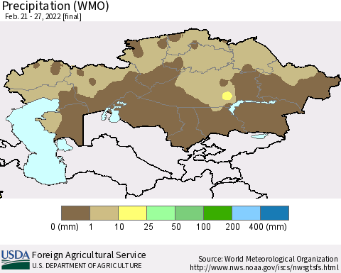 Kazakhstan Precipitation (WMO) Thematic Map For 2/21/2022 - 2/27/2022
