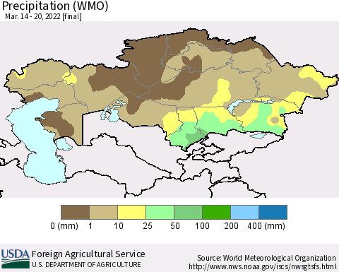 Kazakhstan Precipitation (WMO) Thematic Map For 3/14/2022 - 3/20/2022