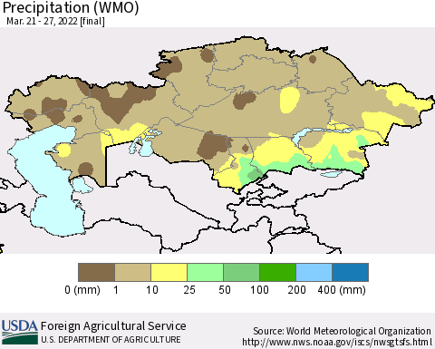 Kazakhstan Precipitation (WMO) Thematic Map For 3/21/2022 - 3/27/2022