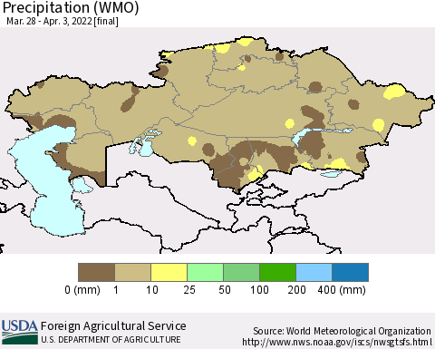 Kazakhstan Precipitation (WMO) Thematic Map For 3/28/2022 - 4/3/2022