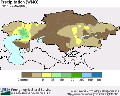 Kazakhstan Precipitation (WMO) Thematic Map For 4/4/2022 - 4/10/2022