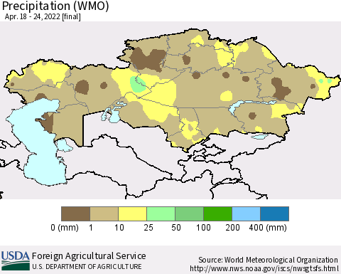 Kazakhstan Precipitation (WMO) Thematic Map For 4/18/2022 - 4/24/2022