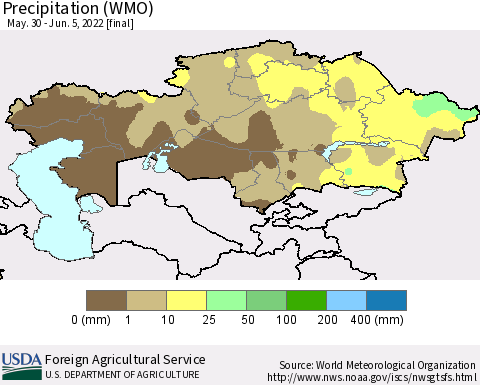 Kazakhstan Precipitation (WMO) Thematic Map For 5/30/2022 - 6/5/2022