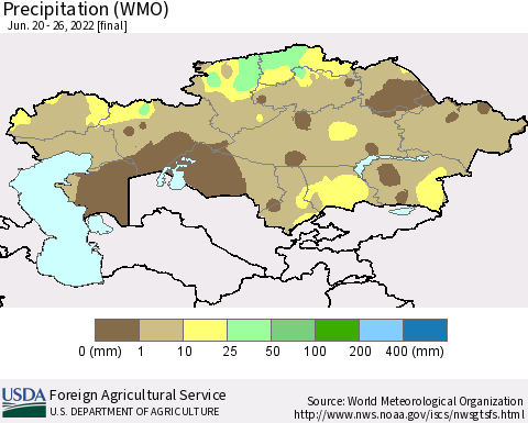 Kazakhstan Precipitation (WMO) Thematic Map For 6/20/2022 - 6/26/2022