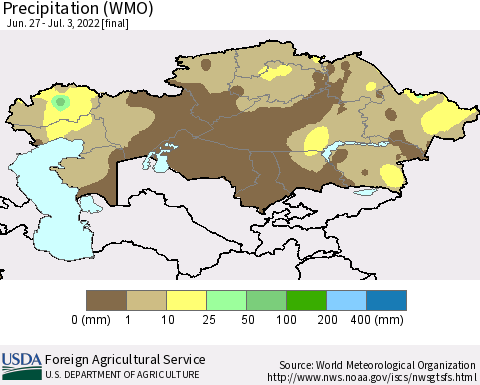 Kazakhstan Precipitation (WMO) Thematic Map For 6/27/2022 - 7/3/2022