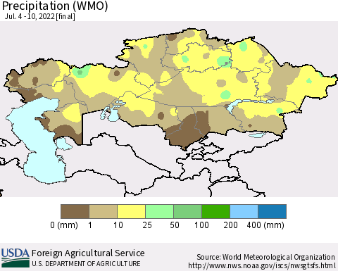 Kazakhstan Precipitation (WMO) Thematic Map For 7/4/2022 - 7/10/2022
