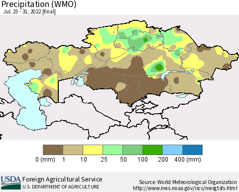 Kazakhstan Precipitation (WMO) Thematic Map For 7/25/2022 - 7/31/2022