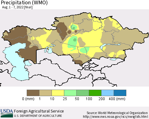 Kazakhstan Precipitation (WMO) Thematic Map For 8/1/2022 - 8/7/2022