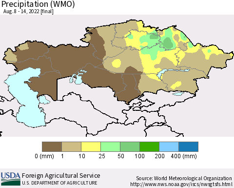 Kazakhstan Precipitation (WMO) Thematic Map For 8/8/2022 - 8/14/2022