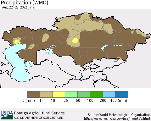 Kazakhstan Precipitation (WMO) Thematic Map For 8/22/2022 - 8/28/2022