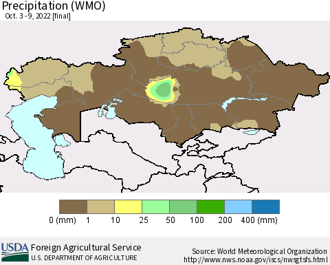 Kazakhstan Precipitation (WMO) Thematic Map For 10/3/2022 - 10/9/2022