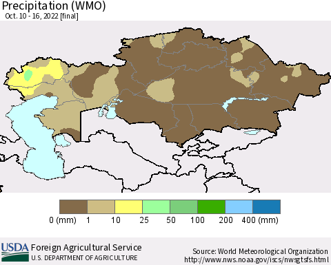 Kazakhstan Precipitation (WMO) Thematic Map For 10/10/2022 - 10/16/2022