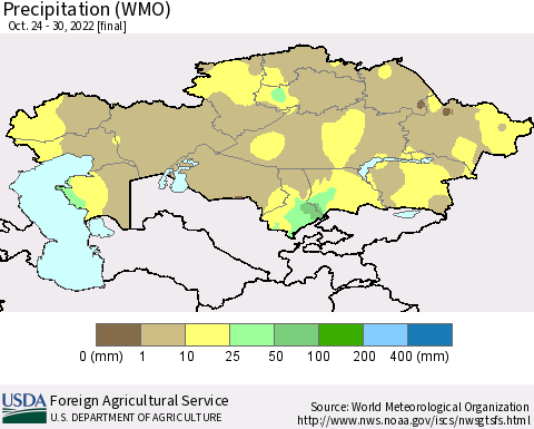 Kazakhstan Precipitation (WMO) Thematic Map For 10/24/2022 - 10/30/2022