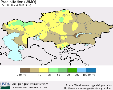 Kazakhstan Precipitation (WMO) Thematic Map For 10/31/2022 - 11/6/2022