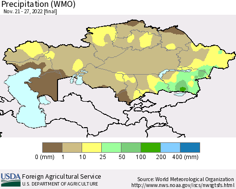 Kazakhstan Precipitation (WMO) Thematic Map For 11/21/2022 - 11/27/2022
