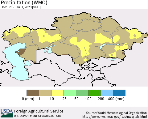 Kazakhstan Precipitation (WMO) Thematic Map For 12/26/2022 - 1/1/2023