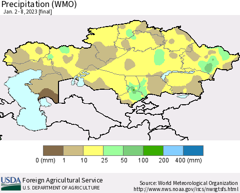 Kazakhstan Precipitation (WMO) Thematic Map For 1/2/2023 - 1/8/2023