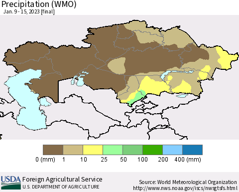 Kazakhstan Precipitation (WMO) Thematic Map For 1/9/2023 - 1/15/2023