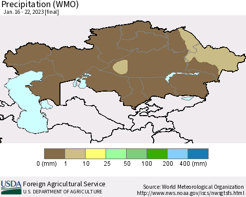 Kazakhstan Precipitation (WMO) Thematic Map For 1/16/2023 - 1/22/2023
