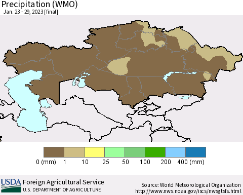 Kazakhstan Precipitation (WMO) Thematic Map For 1/23/2023 - 1/29/2023