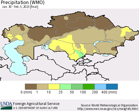 Kazakhstan Precipitation (WMO) Thematic Map For 1/30/2023 - 2/5/2023