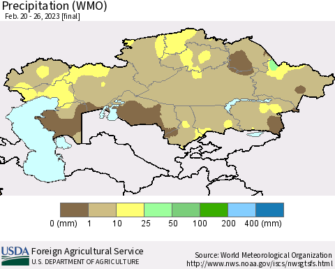 Kazakhstan Precipitation (WMO) Thematic Map For 2/20/2023 - 2/26/2023