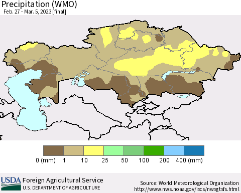 Kazakhstan Precipitation (WMO) Thematic Map For 2/27/2023 - 3/5/2023