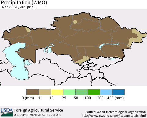 Kazakhstan Precipitation (WMO) Thematic Map For 3/20/2023 - 3/26/2023
