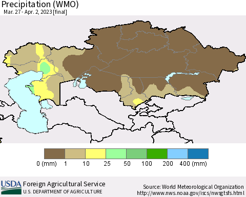 Kazakhstan Precipitation (WMO) Thematic Map For 3/27/2023 - 4/2/2023