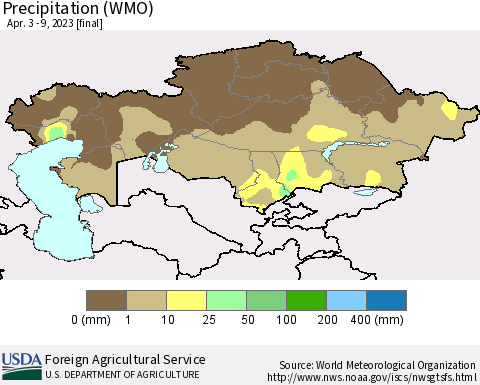 Kazakhstan Precipitation (WMO) Thematic Map For 4/3/2023 - 4/9/2023
