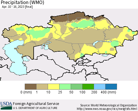 Kazakhstan Precipitation (WMO) Thematic Map For 4/10/2023 - 4/16/2023