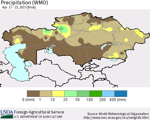 Kazakhstan Precipitation (WMO) Thematic Map For 4/17/2023 - 4/23/2023
