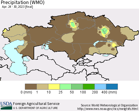 Kazakhstan Precipitation (WMO) Thematic Map For 4/24/2023 - 4/30/2023