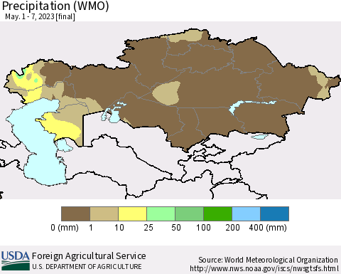 Kazakhstan Precipitation (WMO) Thematic Map For 5/1/2023 - 5/7/2023
