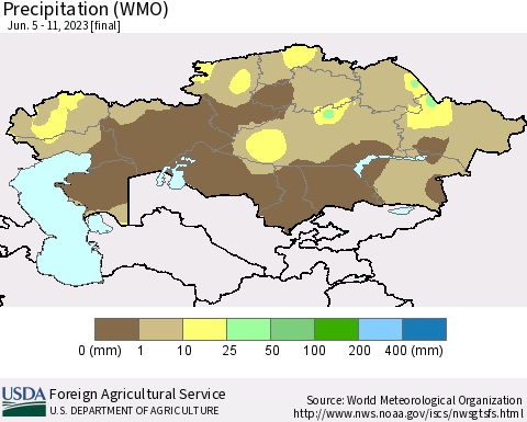 Kazakhstan Precipitation (WMO) Thematic Map For 6/5/2023 - 6/11/2023