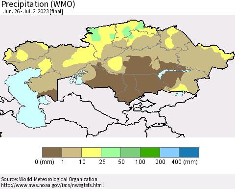 Kazakhstan Precipitation (WMO) Thematic Map For 6/26/2023 - 7/2/2023