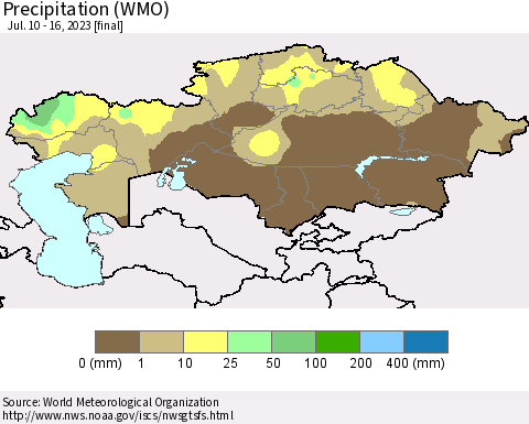 Kazakhstan Precipitation (WMO) Thematic Map For 7/10/2023 - 7/16/2023