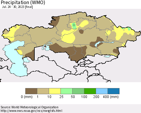 Kazakhstan Precipitation (WMO) Thematic Map For 7/24/2023 - 7/30/2023