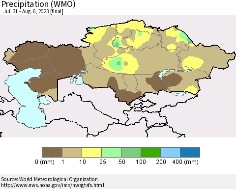 Kazakhstan Precipitation (WMO) Thematic Map For 7/31/2023 - 8/6/2023