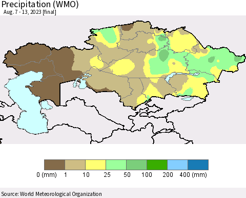 Kazakhstan Precipitation (WMO) Thematic Map For 8/7/2023 - 8/13/2023