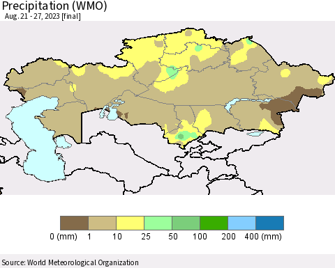 Kazakhstan Precipitation (WMO) Thematic Map For 8/21/2023 - 8/27/2023