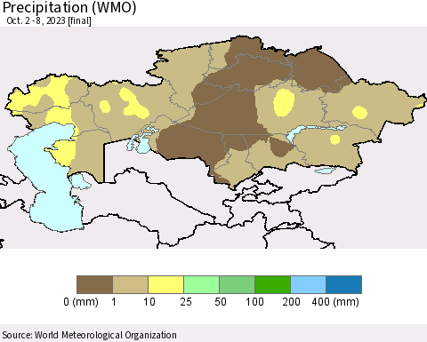 Kazakhstan Precipitation (WMO) Thematic Map For 10/2/2023 - 10/8/2023