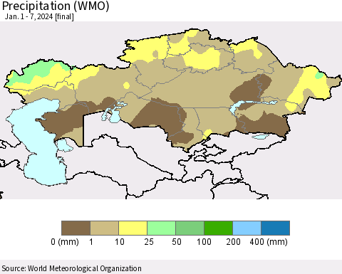 Kazakhstan Precipitation (WMO) Thematic Map For 1/1/2024 - 1/7/2024
